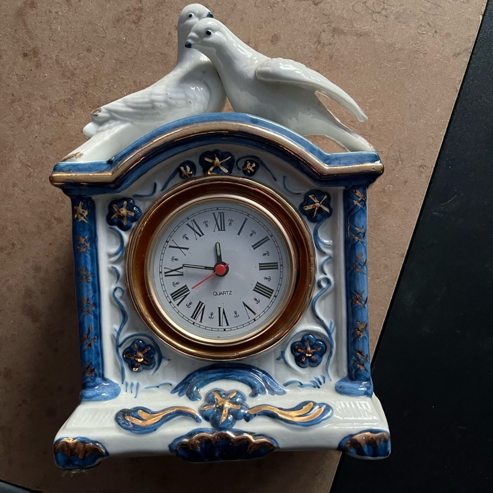 Charming Blue and Gold Ceramic Clock with Doves